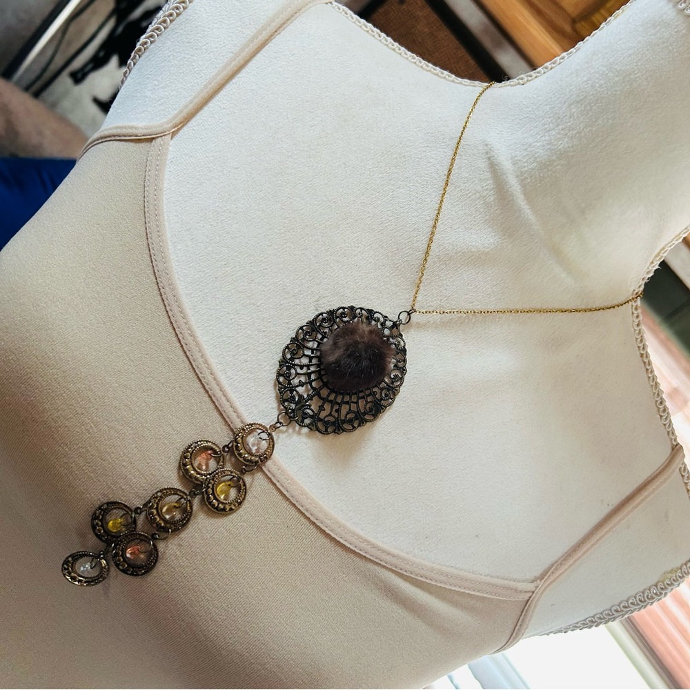 Handcrafted mink brass medallion crystal chandelier pendant on chain necklace